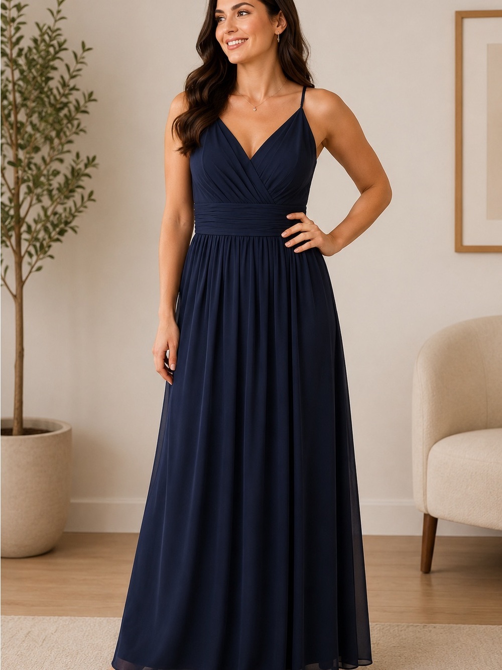 David's Bridal Dress Size 6 Navy V-Neck Ruched Waist Side Slit Maxi Dress